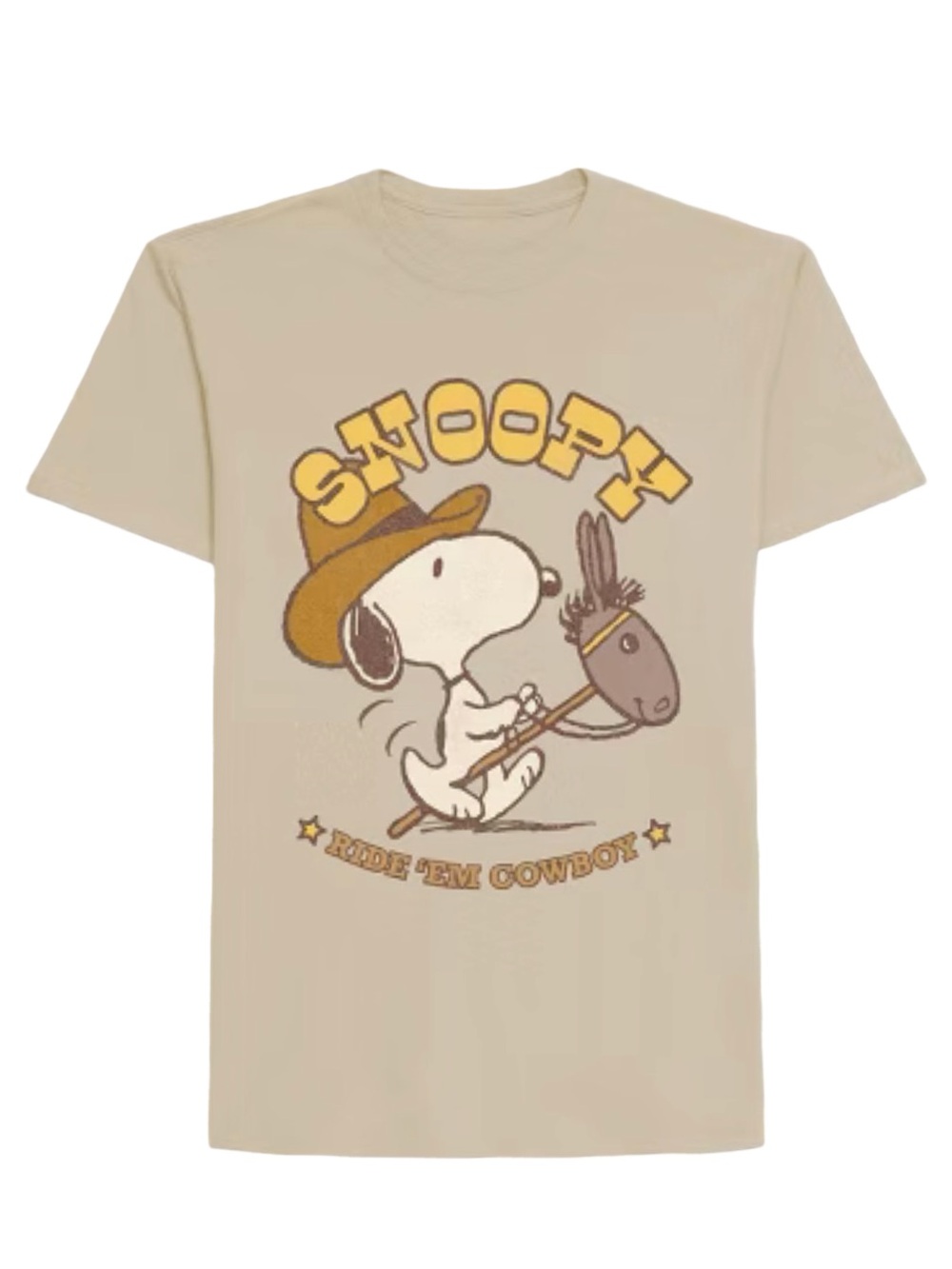 Peanuts Beige Snoopy 'Ride 'Em Cowboy' Short Sleeve Tee
Size Large
New with Tag